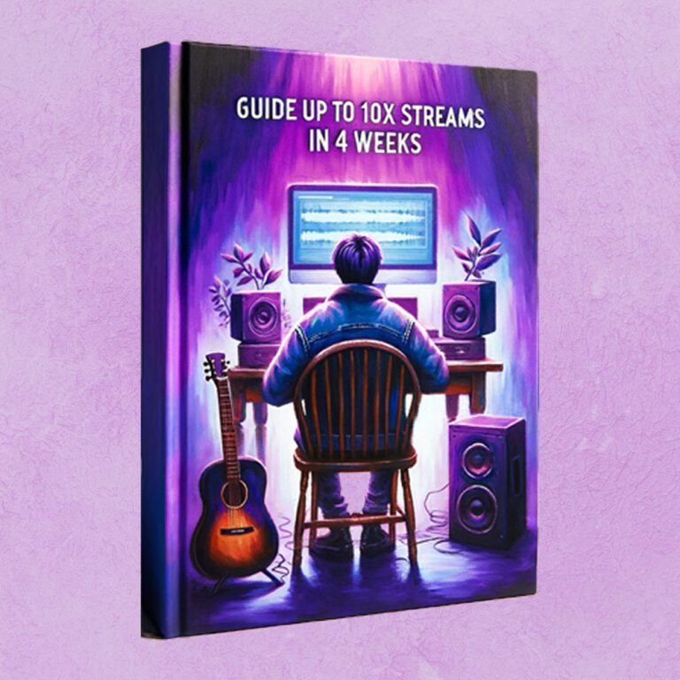"Mastering Music Marketing" -kirjan kansi, jossa on kuvattuna artisti säveltämässä musiikkia ja korostettuna strategioita menestykseen suoratoistopalveluissa.